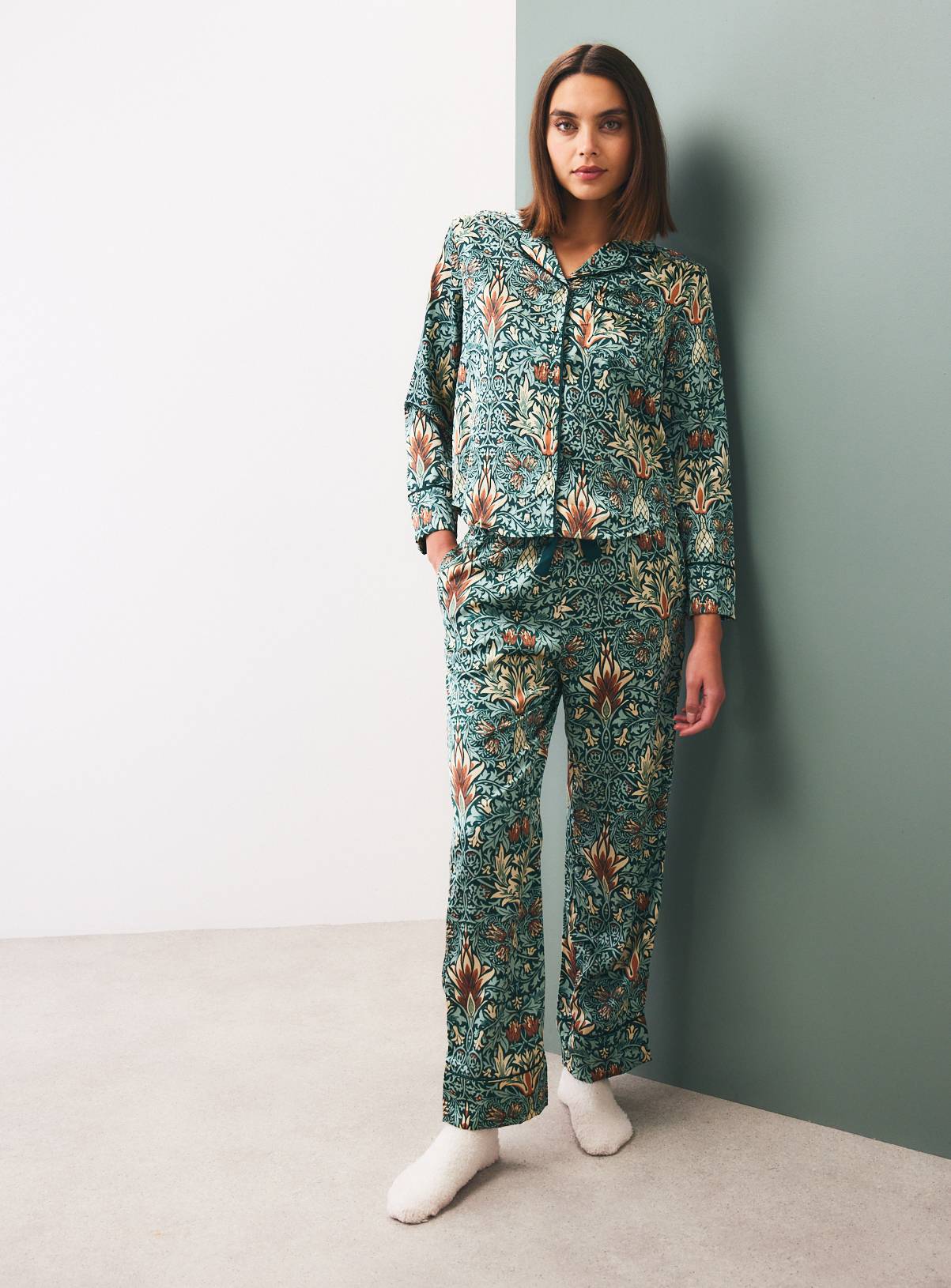 Tu x Morris & Co. Blue Snakeshead Satin Traditional Pyjama Set L - Image 2